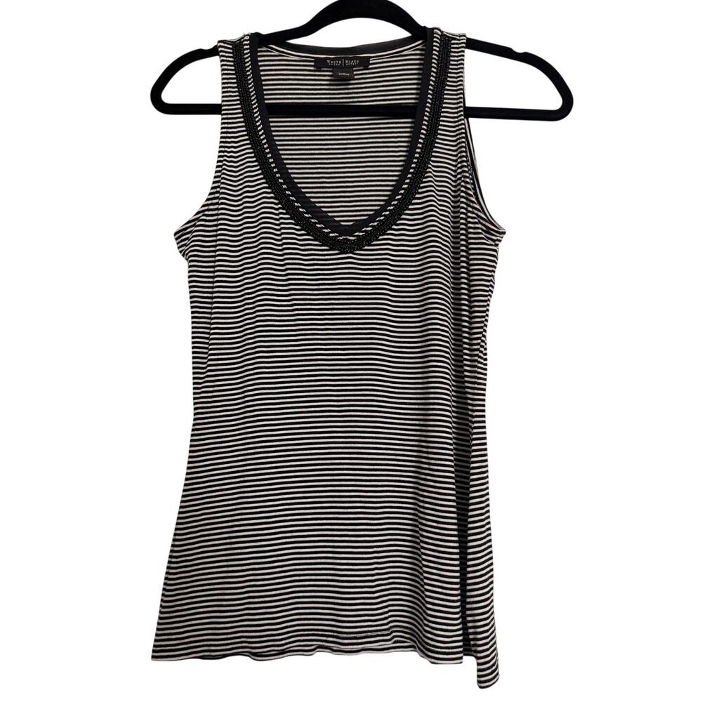 White House Black Market Small Striped Beaded Neck Sleeveless Top Black White